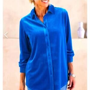 Soft Surroundings Velour Ribbed Boyfriend Shirt Blue L — NWOT Soft Girl